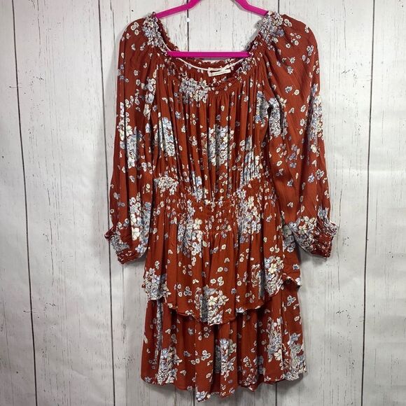 Urban Outfitters Floral Boho Cottagecore Mini Dress Off Shoulder Smocked Size L - Picture 2 of 15